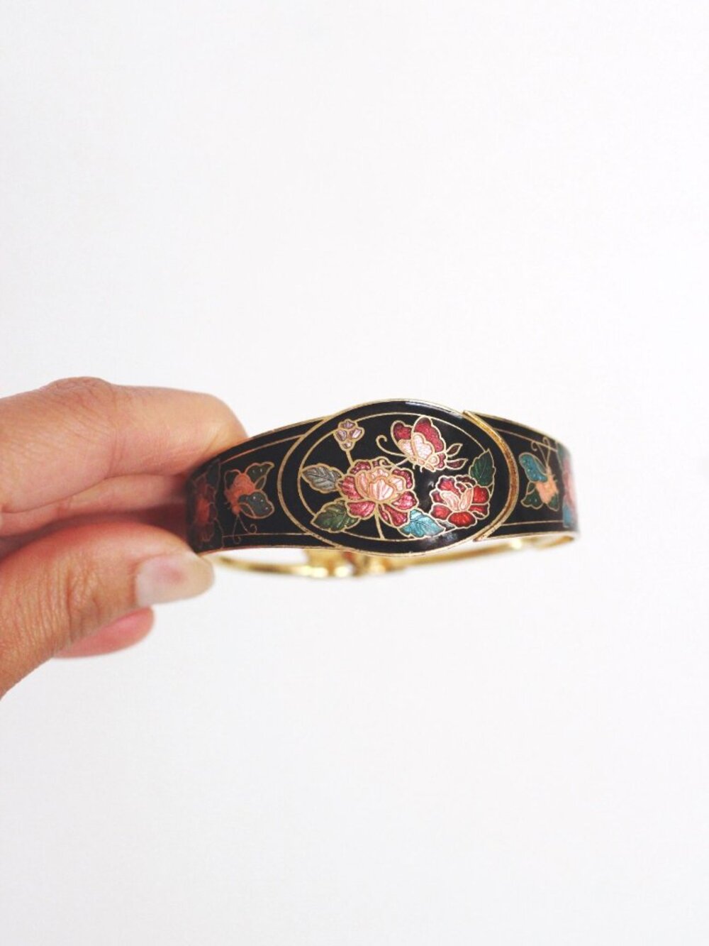 Vintage Cloisonné Enamel Floral Hinged Bracelet Gold-Tone Metal 70s 80s